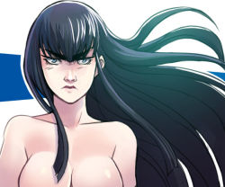 Rule 34 | 10s, 1girl, angry, black hair, blue eyes, breasts, eyebrows, frown, g1138, greenmarine, kill la kill, kiryuuin satsuki, large breasts, long hair, out-of-frame censoring, solo, thick eyebrows, topless