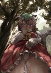 Rule 34 | 1girl, animal ears, barussu, blush, bow, breasts, brown hair, cameltoe, cat ears, cat girl, cat tail, chen, clothes lift, covering own mouth, day, dress, dress lift, earrings, female focus, frills, from below, green hat, hand on own face, hand up, hat, highres, jewelry, lifted by self, long sleeves, looking down, mob cap, multiple tails, orange eyes, outdoors, panties, peeing, peeing self, red dress, shirt, short hair, sky, sleeveless, sleeveless dress, small breasts, solo, standing, tail, touhou, tree, two tails, underwear, wet, wet clothes, wet panties, white panties, white shirt, yellow bow