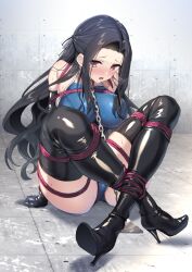 Rule 34 | 1girl, arms behind back, bdsm, black hair, black thighhighs, blush, bondage, boots, bound, chain, chained, crossed legs, latex, one-piece swimsuit, rope, sitting, solo, sweat, swimsuit, thigh boots, thighhighs
