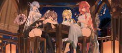 Rule 34 | 1girl, 4girls, absurdres, albion (azur lane), albion (scent of spring in the red pavilion) (azur lane), anchorage (azur lane), anchorage (moonlit boat ride) (azur lane), azur lane, bare shoulders, blonde hair, blue eyes, blush, breasts, brown coat, china dress, chinese clothes, coat, dress, flower, full body, grey hair, hair between eyes, hair bun, hair flower, hair ornament, highres, jeanne d&#039;arc (azur lane), large breasts, long hair, long pointy ears, looking at viewer, multiple girls, nineye, official alternate costume, perseus (azur lane), perseus (spring lackadaisical leisure) (azur lane), pink eyes, pink hair, pointy ears, renown (azur lane), renown (graceful royal pride) (azur lane), sitting, thighs, very long hair, white dress