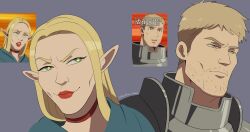 Rule 34 | 1boy, 1girl, absurdres, armor, artist name, beard stubble, blonde hair, blue robe, choker, commentary, dungeon meshi, elf, english commentary, facial hair, gigachad (meme), green eyes, grey background, highres, kazuya guy (meme), laios touden, long hair, marcille donato, meme, pencilman draws, plate armor, pointy ears, red choker, red lips, reference inset, robe, screenshot inset, short hair, simple background, smile, stubble, twitter username, upper body, v-shaped eyebrows, yellow eyes