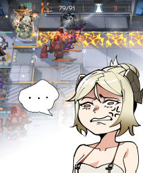 Rule 34 | ..., 3girls, 3others, absurdres, amiya (arknights), anger vein, arknights, bad id, bad pixiv id, bare shoulders, bikini, blonde hair, brown eyes, chibi, clenched teeth, commentary, drone, hair bun, heads-up display, health bar, highres, horns, ifrit (arknights), ifrit (sunburn) (arknights), moto toshi, multiple girls, multiple others, official alternate costume, reunion soldier (arknights), saria (arknights), short hair, single hair bun, solo focus, spoken ellipsis, swimsuit, teeth, upper body, white bikini