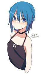 Rule 34 | 1girl, bare shoulders, black camisole, black choker, blue eyes, blue hair, blush, braid, breasts, camisole, choker, closed mouth, collarbone, dated, hair between eyes, halterneck, looking at viewer, maze (gochama ze gohan), original, signature, simple background, sketch, small breasts, solo, white background