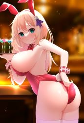 Rule 34 | 1girl, absurdres, alternate breast size, alternate costume, animal ears, ass, azur lane, balut (7676i), blurry, blurry background, bow, bowtie, breasts, cocktail glass, cup, detached collar, drinking glass, fake animal ears, fake tail, green eyes, highleg, highleg leotard, highres, holding, holding tray, large breasts, leander (azur lane), leotard, light brown hair, long hair, looking at viewer, playboy bunny, rabbit ears, rabbit tail, red leotard, solo, strapless, strapless leotard, tail, thighhighs, tray, white thighhighs, wrist cuffs