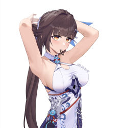 Rule 34 | 1girl, 2022, absurdres, adjusting hair, armpits, arms behind head, artist name, breasts, brown eyes, brown hair, chinese clothes, cleavage, cleavage cutout, closed mouth, clothing cutout, fled, highres, honkai (series), honkai impact 3rd, large breasts, li sushang, li sushang (jade knight), long hair, looking at viewer, medium breasts, simple background, sleeveless, solo, upper body, white background