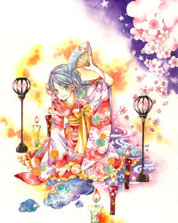Rule 34 | 1girl, candle, folding fan, hand fan, japanese clothes, kimono, original, painting (medium), solo, traditional media, uko (artist), watercolor (medium), yufushi
