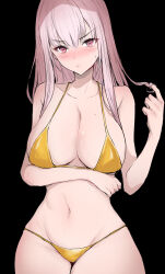 Rule 34 | 1girl, absurdres, arm under breasts, bikini, black background, blush, breasts, cowboy shot, gold bikini, highres, hololive, hololive english, large breasts, light frown, looking at viewer, mori calliope, navel, pink eyes, pink hair, sak1 01, solo, stomach, sweatdrop, swimsuit, twirling hair, v-shaped eyebrows, virtual youtuber
