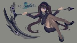 Rule 34 | 1girl, :p, bad id, bad pixiv id, barcode, barcode tattoo, black hair, crossed legs, hat, high heels, highres, lily bloomerchen, long hair, looking at viewer, nail polish, pantyhose, pencil skirt, purple eyes, scythe, simple background, skirt, solo, soulworker, tattoo, tongue, tongue out, topu, torn clothes, torn pantyhose, twintails