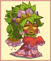 Rule 34 | 1girl, artist request, blush stickers, border, deku princess, dress, earrings, full body, green hair, jewelry, leaf, long hair, long sleeves, lowres, monster girl, nintendo, open mouth, plant girl, red border, smile, solo, source request, the legend of zelda, the legend of zelda: majora&#039;s mask, tiara, yellow background, yellow eyes