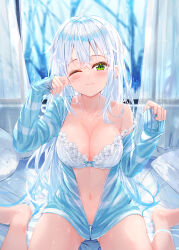 Rule 34 | 1girl, absurdres, ahoge, barefoot, bed sheet, blue hair, blue jacket, blush, bow, bow bra, bra, breasts, cleavage, closed mouth, collarbone, colored tips, commentary request, curtains, floral print, gluteal fold, gradient hair, green eyes, hands up, highres, indoors, jacket, knees out of frame, large breasts, long hair, long sleeves, looking at viewer, messy hair, multicolored clothes, multicolored hair, multicolored jacket, na kyo, navel, off shoulder, on bed, one eye closed, open clothes, open jacket, original, partially unzipped, pillow, print bra, rubbing eyes, see-through, sidelocks, single bare shoulder, sitting, sleeves past wrists, smile, solo, stomach, strap slip, striped clothes, striped jacket, thighs, two-tone hair, two-tone jacket, underwear, waking up, wariza, white bra, white hair, window, zipper, zipper pull tab