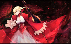 Rule 34 | 10s, 1girl, aestus estus, blush, breasts, cleavage, dress, fate/extra, fate (series), green eyes, highres, holding, holding sword, holding weapon, looking at viewer, marumoru, nero claudius (fate), nero claudius (fate), nero claudius (fate/extra), solo, sword, weapon