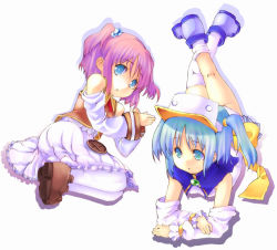 Rule 34 | 00s, 2girls, :o, aqua eyes, asymmetrical clothes, blue eyes, blue hair, boots, buttons, capelet, child, crossed arms, crossed legs, detached sleeves, dress, dual persona, flat chest, frills, from above, gem, goban, hair bobbles, hair ornament, hat, kneepits, legs, looking at viewer, looking back, lying, moetan, multiple girls, nijihara ink, on side, on stomach, one-piece swimsuit, open mouth, pantyhose, parted bangs, pastel ink, pink hair, purple hair, school swimsuit, scrunchie, shadow, shoes, short hair, short twintails, simple background, swimsuit, thighhighs, twintails, white legwear, wide sleeves