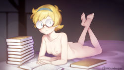 Rule 34 | 1girl, arikindows10, ass, blue eyes, book, book stack, breasts, collarbone, commission, completely nude, dot nose, feet, freckles, hairband, highres, indoors, little witch academia, looking at viewer, lotte jansson, lying, nipples, nude, on bed, on stomach, orange hair, round eyewear, semi-rimless eyewear, short hair, small breasts, smile, solo, twitter username, under-rim eyewear