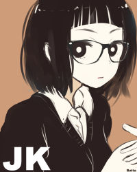 Rule 34 | 1girl, batta (kanzume quality), blunt bangs, bob cut, bright pupils, brown background, cardigan, closed mouth, collared shirt, glasses, hands up, highres, limited palette, looking at viewer, original, shirt, short hair, signature, simple background, solo, wing collar