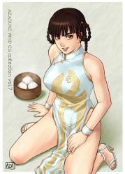 Rule 34 | 1girl, arm support, azasuke, bamboo steamer, baozi, bare shoulders, braid, breasts, brown eyes, brown hair, china dress, chinese clothes, cuffs, dead or alive, dim sum, dress, dumpling, earrings, female focus, food, grin, highres, jewelry, kneeling, lei fang, nail polish, palette swap, print dress, sandals, smile, solo, tecmo, twin braids