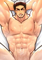 Rule 34 | 1boy, abs, absurdres, arms behind head, bara, black hair, completely nude, cowboy shot, cum, cum on body, cum on stomach, facial hair, goatee stubble, grin, highres, implied sex, large pectorals, looking at viewer, male focus, mature male, muscular, muscular male, navel, nude, on bed, out-of-frame censoring, pectorals, sanpaku, seductive smile, senpai ga uzai kouhai no hanashi, shaved body, short hair, sideburns, smile, solo, spread legs, stomach, strongman waist, stubble, takeda harumi (shiromanta), thick eyebrows, thick thighs, thighs, toshun (momotoshi)