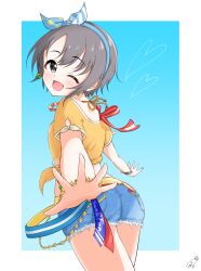 Rule 34 | 1girl, ass, bead necklace, beads, black eyes, blue background, blue hairband, blush, border, breasts, denim, denim shorts, dot nose, earrings, floral print, flower bracelet, from behind, funxy k, gradient background, grey hair, hairband, heart, highres, idolmaster, idolmaster cinderella girls, idolmaster cinderella girls starlight stage, jewelry, looking at viewer, looking back, multiple bracelets, necklace, one eye closed, open mouth, otokura yuuki, outside border, outstretched arms, print hairband, shirt, short hair, short sleeves, shorts, signature, small breasts, smile, solo, striped clothes, striped hairband, tied shirt, white border, yellow shirt