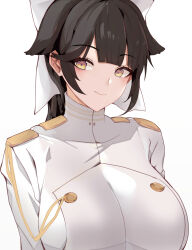 Rule 34 | 1girl, animal ears, azur lane, black hair, blunt bangs, bow, breasts, chiru (218mg), closed mouth, dog ears, hair ears, hair flaps, highres, large breasts, long hair, looking at viewer, military, military uniform, naval uniform, portrait, sidelocks, simple background, smile, solo, takao (azur lane), uniform, white background, white bow, yellow eyes
