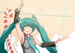 Rule 34 | 10s, 1girl, 2013, aqua hair, arm up, armpits, artist name, candy, candy cane, dated, detached sleeves, food, green eyes, happy birthday, hatsune miku, hews, long hair, musical note, necktie, solo, twintails, very long hair, vocaloid