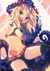 Rule 34 | 1girl, absurdres, blonde hair, claws, female focus, highres, kaamin (mariarose753), messy hair, midriff, monster girl, navel, open mouth, original, red eyes, short shorts, shorts, solo, tail, teeth, thighhighs, tokage (kaamin)