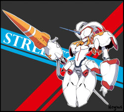 Rule 34 | 1girl, absurdres, black background, blue background, breasts, closed mouth, cowboy shot, darling in the franxx, gluteal fold, highres, horn, looking at viewer, mecha, medium breasts, negsus, polearm, red background, red eyes, robot, solo, spear, strelizia, thighs, weapon