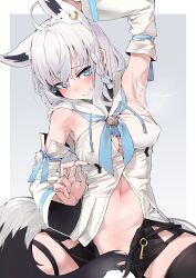 Rule 34 | 1girl, absurdres, aftersex, ahoge, animal ear fluff, animal ears, arm up, armpit sex, armpits, black shorts, braid, breasts, convenient censoring, covered erect nipples, cum, cum on body, detached sleeves, earrings, fox ears, fox girl, fox tail, grey background, highres, hololive, hood, jewelry, key, looking at viewer, medium breasts, navel, outside border, piercing, shirakami fubuki, shirakami fubuki (1st costume), shorts, solo, spread legs, tail, virtual youtuber, white hair, yuukauta