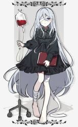 Rule 34 | 1girl, bandage over one eye, bandaged leg, bandages, barefoot, black bow, black bowtie, black dress, blue eyes, book, bow, bowtie, closed mouth, dress, expressionless, frilled dress, frills, full body, grey hair, hair between eyes, highres, holding, holding book, intravenous drip, long sleeves, looking at viewer, project sekai, puffy long sleeves, puffy sleeves, solo, waka (wk4444), yoisaki kanade