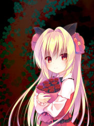 Rule 34 | 1girl, blonde hair, blurry, blurry background, blush, bouquet, character request, closed mouth, cloud, cloudy sky, collared shirt, depth of field, empty eyes, fingernails, flower, hair between eyes, hair flower, hair ornament, highres, inverted colors, long hair, long sleeves, looking at viewer, looking to the side, hugging object, open beta (vtuber), red eyes, red flower, red rose, red skirt, red sky, red vest, rose, rose bush, shirt, skirt, sky, sleeves past wrists, smile, solo, upper body, very long hair, vest, virtual youtuber, white shirt, yuku (kiollion)