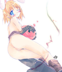 Rule 34 | 1girl, :3, animal ears, creature, holding, holding creature, no panties, pussy, rabbit ears, ragnarok online, short hair, simple background, solo, white background, yudesoba