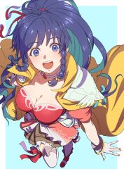 Rule 34 | 1girl, aduti momoyama, blue eyes, blue hair, braid, breasts, cleavage, fire emblem, fire emblem: the sacred stones, fire emblem heroes, foreshortening, from above, highres, jewelry, long hair, looking at viewer, medium breasts, necklace, nintendo, official alternate costume, open mouth, perspective, ponytail, skirt, smile, solo, tana (fire emblem), teeth, thighhighs, thighs, twin braids, upper teeth only, very long hair