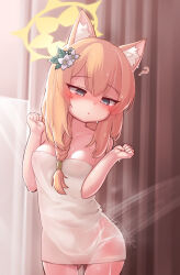 Rule 34 | animal ear fluff, animal ears, bare shoulders, blue archive, blue eyes, blurry, braid, cat ears, cat girl, collarbone, curtains, depth of field, gluteal fold, hair tubes, highres, indoors, mari (blue archive), mochikushi, naked towel, orange hair, parted lips, shower (place), single braid, towel, wet towel, white towel