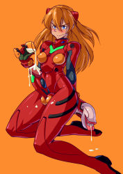 Rule 34 | &gt;:), 1futa, blue eyes, blush, breasts, covered erect nipples, cum, cum in container, cum in cup, cumdrip, cup, drinking glass, futanari, hair ornament, holding, holding cup, kneeling, long hair, mikoyan, neon genesis evangelion, orange background, orange hair, penis, plugsuit, pouring, pouring onto self, simple background, skin tight, solo, souryuu asuka langley, testicles, what, wine glass