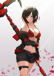 Rule 34 | 1girl, absurdres, bikini, bikini top only, bikini under clothes, black hair, black jacket, black shorts, blush, breasts, cleavage, closed mouth, commentary, cowboy shot, crescent rose, english commentary, gradient hair, grey eyes, hand on own arm, highres, holding, holding scythe, holding weapon, jacket, looking at viewer, medium breasts, multicolored hair, nash11, navel, off shoulder, open fly, petals, red bikini, red hair, rose petals, ruby rose, rwby, scythe, shorts, solo, swimsuit, thigh strap, two-tone hair, weapon