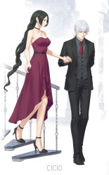 Rule 34 | 1boy, 1girl, absurdres, black footwear, black hair, character request, commentary, dress, earrings, fata morgana no yakata, formal, giselle (fata morgana no yakata), high heels, highres, holding hands, jewelry, long hair, michel bollinger, miura-n315, necktie, stairs, suit, three-piece suit, vest, white hair