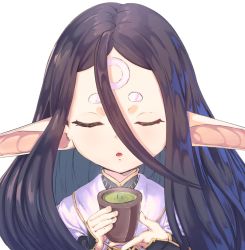 Rule 34 | 1girl, closed eyes, facial mark, granblue fantasy, hair between eyes, harvin, incloud, long hair, multicolored hair, open mouth, pointy ears, rei (granblue fantasy), simple background, solo, tea, very long hair, white background