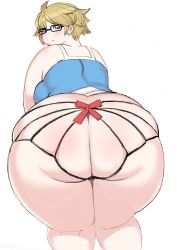 Rule 34 | 1girl, ass, blonde hair, blue eyes, breasts, earrings, fat, glasses, huge ass, jewelry, kjmvideo, large breasts, looking back, short hair, solo, thick thighs, thighs
