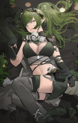 Rule 34 | 1girl, absurdres, arknights, black bra, black gloves, bra, breasts, cleavage, fingerless gloves, gavial (arknights), gavial the invincible (arknights), gloves, goggles, goggles on head, green hair, grey thighhighs, highres, large breasts, long hair, looking at viewer, lying, mask, mask around neck, material growth, midriff, navel, official alternate costume, on back, oripathy lesion (arknights), parted lips, pointy ears, ponytail, solo, thighhighs, underwear, yellow eyes, yeyuanqianqianqian