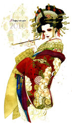 Rule 34 | 1girl, black hair, eyeshadow, floral print, geisha, hair ornament, hanairi kikkou, hexagon, hishi (pattern), honeycomb pattern, japanese clothes, kimono, kiseru, lipstick, makeup, nail polish, oiran, original, painting (medium), smoking pipe, print kimono, red eyeshadow, red nails, sakizou, solo, tassel, traditional media, watercolor (medium)