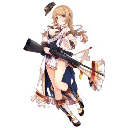 Rule 34 | 1girl, armband, black armband, black footwear, black hat, black wrist cuffs, blue ribbon, blush, boots, breasts, brown eyes, brown hair, cleavage, closed mouth, full body, girls&#039; frontline, gun, hair ribbon, hat, high heel boots, high heels, holding, holding gun, holding weapon, kneehighs, light frown, long hair, looking at viewer, medium breasts, military hat, natie (latte), official art, platform footwear, pleated skirt, ribbon, rifle, scope, shoes, simple background, skirt, sniper rifle, socks, solo, ssg 69 (girls&#039; frontline), torn clothes, torn skirt, transparent background, unworn hat, unworn headwear, weapon, white skirt, white socks, wrist cuffs