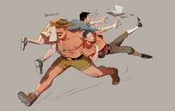 Rule 34 | 3boys, abs, absurdres, arm hair, black hair, blonde hair, boots, carrying, carrying multiple people, carrying over shoulder, carrying person, carrying under arm, citrus0lemon, cowboy hat, english text, full body, grey background, hat, headset, highres, large pectorals, long sideburns, male focus, mature male, mr. bidwell, multiple boys, muscular, muscular male, mustache, pectorals, running, saxton hale, scout (tf2), short hair, short shorts, shorts, sideburns, simple background, size difference, smile, team fortress 2, thick chest hair, thick mustache, topless male