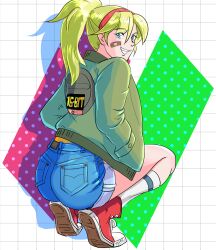 Rule 34 | 1girl, bandaid, bandaid on cheek, bandaid on face, battle mania, bb9 megadrive, blonde hair, blue eyes, blue shorts, commentary request, denim, denim shorts, eyes visible through hair, from side, full body, green jacket, grin, hairband, hands in pockets, highres, jacket, kneehighs, looking at viewer, ootorii mania, ponytail, red hairband, shoes, short shorts, shorts, smile, sneakers, socks, solo, squatting