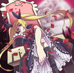 Rule 34 | 1girl, arc system works, barefoot, blazblue, blonde hair, boots, bow, chair, dress, feet, foot focus, foreshortening, frills, full moon, knee boots, crossed legs, long hair, miyaji, moon, petals, pointy ears, rachel alucard, red eyes, ribbon, rose petals, shoes, single shoe, sitting, solo, throne, toes, twintails, vampire