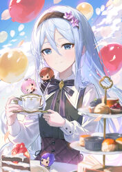 1girl absurdres akiyama_mizuki asahina_mafuyu balloon black_bow black_bowtie black_hairband black_ribbon blue_eyes blue_hair blush bow bowtie closed_mouth cup flower hair_between_eyes hair_flower hair_ornament hairband highres holding holding_cup kkopoli long_hair long_sleeves looking_at_viewer project_sekai ribbon shinonome_ena shirt smile solo white_shirt yoisaki_kanade