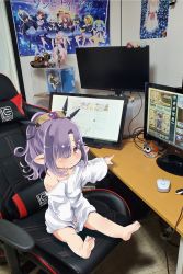 Rule 34 | 1girl, action figure, alternate costume, barefoot, blush, chair, child, desk, artistic error, gaming chair, granblue fantasy, harvin, highres, looking at viewer, monitor, niyon (granblue fantasy), otaku room, photo background, pointy ears, ponytail, purple hair, red eyes, shi ecchi, sitting, solo, swivel chair, wrong foot