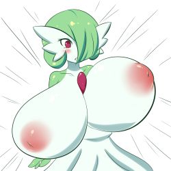 Rule 34 | 1girl, blush, breast expansion, breasts, creatures (company), game freak, gardevoir, gen 3 pokemon, gigantic breasts, green hair, hair over one eye, inverted nipples, jcdr, nintendo, nipples, nougat (jcdr), open mouth, pokemon, pokemon (creature), red eyes, short hair, simple background, solo, surprised, white background