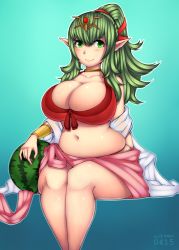 Rule 34 | 1girl, alternate breast size, artist name, belly, bikini, blush, breasts, cleavage, fire emblem, fire emblem awakening, fire emblem heroes, food, fruit, green eyes, green hair, highres, huge breasts, iveo, long hair, looking at viewer, muffin top, navel, nintendo, plump, pointy ears, ponytail, red bikini, sitting, smile, solo, swimsuit, tiki (adult) (fire emblem), tiki (adult) (summer) (fire emblem), tiki (fire emblem), watermelon