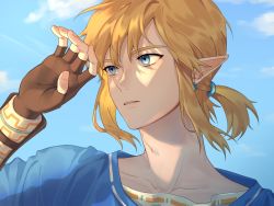 Rule 34 | 1boy, bad id, bad twitter id, blonde hair, blue background, blue eyes, blue shirt, blue sky, collarbone, commentary request, day, earrings, fingerless gloves, gloves, hand up, highres, jangjo (ba jangjo), jewelry, link, long sleeves, low ponytail, male focus, nintendo, outdoors, parted bangs, parted lips, pointy ears, ponytail, portrait, shirt, short hair, short ponytail, sidelocks, sky, solo, the legend of zelda, the legend of zelda: breath of the wild, upper body