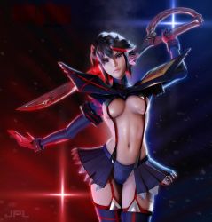Rule 34 | 10s, 1girl, 3d, arm up, black hair, blue eyes, boots, breasts, cleavage, dark background, gloves, gradient background, kevin lumoindong, kill la kill, lens flare, looking at viewer, matoi ryuuko, miniskirt, multicolored hair, navel, revealing clothes, senketsu, short hair, showgirl skirt, skirt, smile, solo, stomach, suspenders, sword, thigh boots, thighhighs, two-tone hair, underboob, watermark, weapon, zettai ryouiki