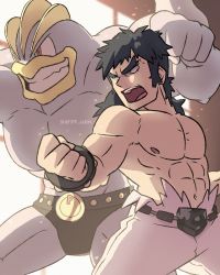 Rule 34 | 1boy, abs, absurdres, alolan boy, artist name, belt, black hair, bruno (pokemon), bulge, clenched hand, commentary, cowboy shot, creatures (company), elite four, english commentary, game freak, gen 1 pokemon, highres, long hair, looking to the side, machamp, male focus, navel, nintendo, open mouth, pants, pokemon, pokemon (creature), pokemon lgpe, ponytail, teeth, tongue, topless male, watermark, white pants