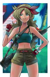 Rule 34 | 1girl, belt, blonde hair, border, breasts, cleavage, clenched hands, coconut tree, cowboy shot, crop top, day, dragon ball, facing viewer, fingerless gloves, gloves, grass, green eyes, gun, hair ribbon, hairband, hand on own hip, house, kame house, long hair, looking away, looking to the side, lunch (bad) (dragon ball), lunch (dragon ball), medium breasts, midriff, outdoors, outside border, palm tree, red gloves, ribbon, short shorts, shorts, solo, standing, tank top, terabytes, tree, weapon, white border